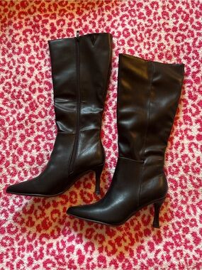 Black Pointed Toe Mid-Calf Heeled Boots Size 9